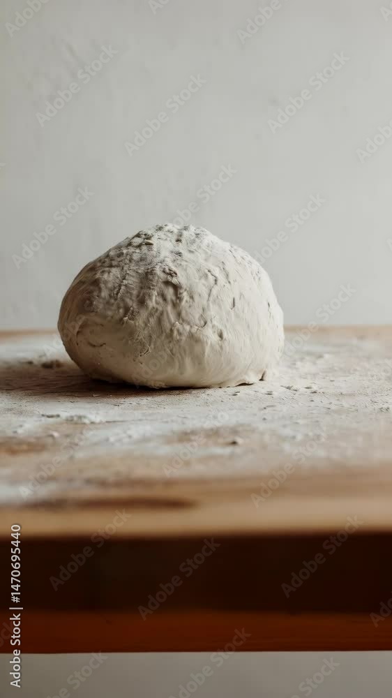 Raw bread dough rests on a wooden surface, sprinkled with flour, showcasing baking ingredients and the kitchen environment. Raw bread dough rests on a wooden surface, sprinkled with flour, showcasing baking ingredients and the kitchen environment.