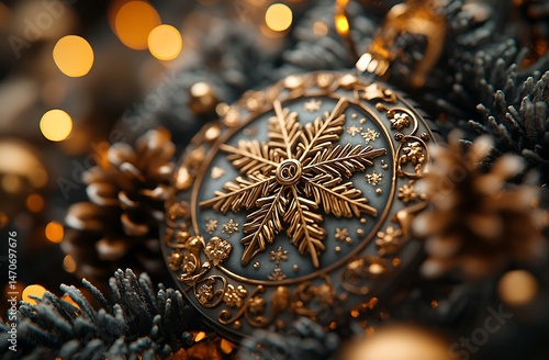 Ornate Gold Snowflake Ornament on Christmas Tree with Glowing Lights and Pinecones

