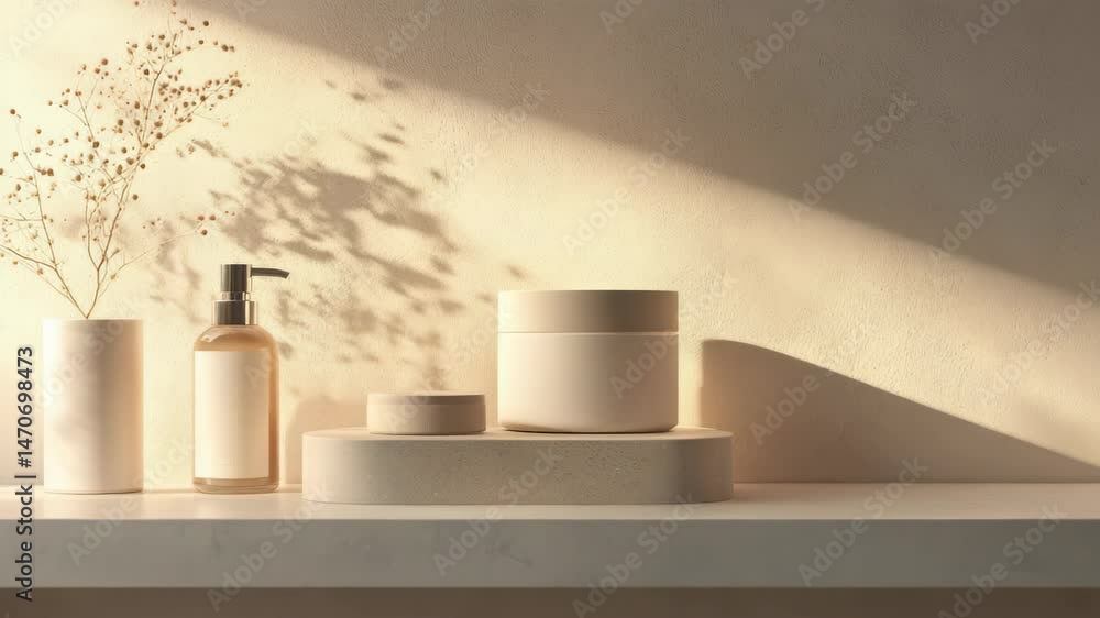 Elegant skincare product display with natural light and shadow Elegant skincare product display with natural light and shadow