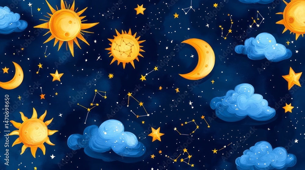 Fototapeta premium Celestial design with suns, moons, and clouds.