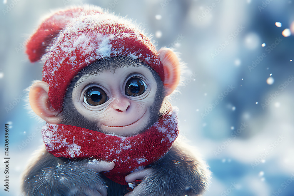 Cute monkey wearing a red hat and scarf in a snowy landscape, smiling with a playful expression Cute monkey wearing a red hat and scarf in a snowy landscape, smiling with a playful expression