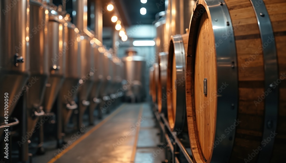 Fototapeta premium Industrial brewery interior. Brewing equipment, steel tanks and wooden barrels. Craft beer production. Brewery, brewing process, artisan beer, beer production concept.