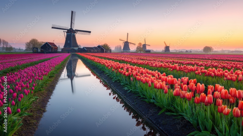 Windmills stand over tulip fields reflecting in water during a colorful sunset landscape view Windmills stand over tulip fields reflecting in water during a colorful sunset landscape view