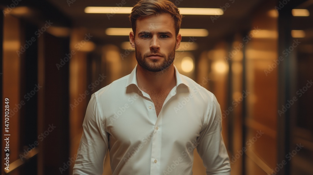 Obraz premium A confident man in a crisp white shirt walks a dimly lit hallway.