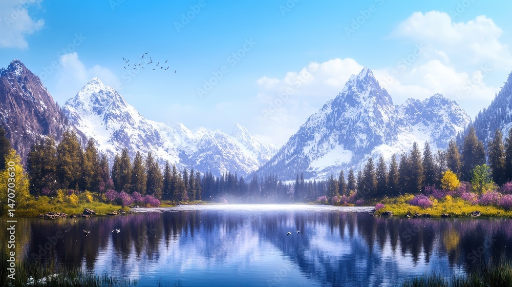 Fototapeta premium Serene Spring Landscape with Snowy Mountains and Reflections in Calm Lake