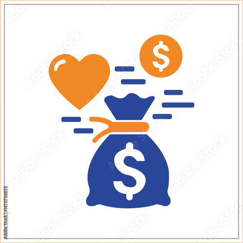 Charity Donation or Fundraising Icon with Money Bag and Heart Symbols Representing Financial Support, Nonprofit Contributions, and Philanthropy Campaign