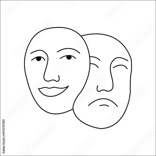 Two Drama Masks – Theater Icon Vector for Performing Arts, Emotions, Acting Skills, Stage Play Promotion, Entertainment Branding, and Creative Expression Concepts