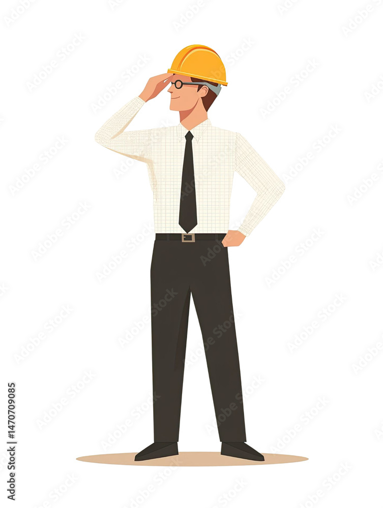 An illustration of a man wearing a yellow construction helmet with eyeglasses. The man stands with his right hand on his forehead looking to the side against a transparent background. An illustration of a man wearing a yellow construction helmet with eyeglasses. The man stands with his right hand on his forehead looking to the side against a transparent background.