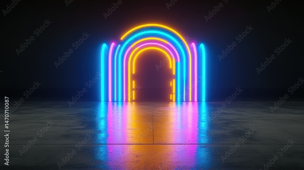 Fototapeta premium Neon Rainbow Archway on Dark Background with Reflections in a Modern Space