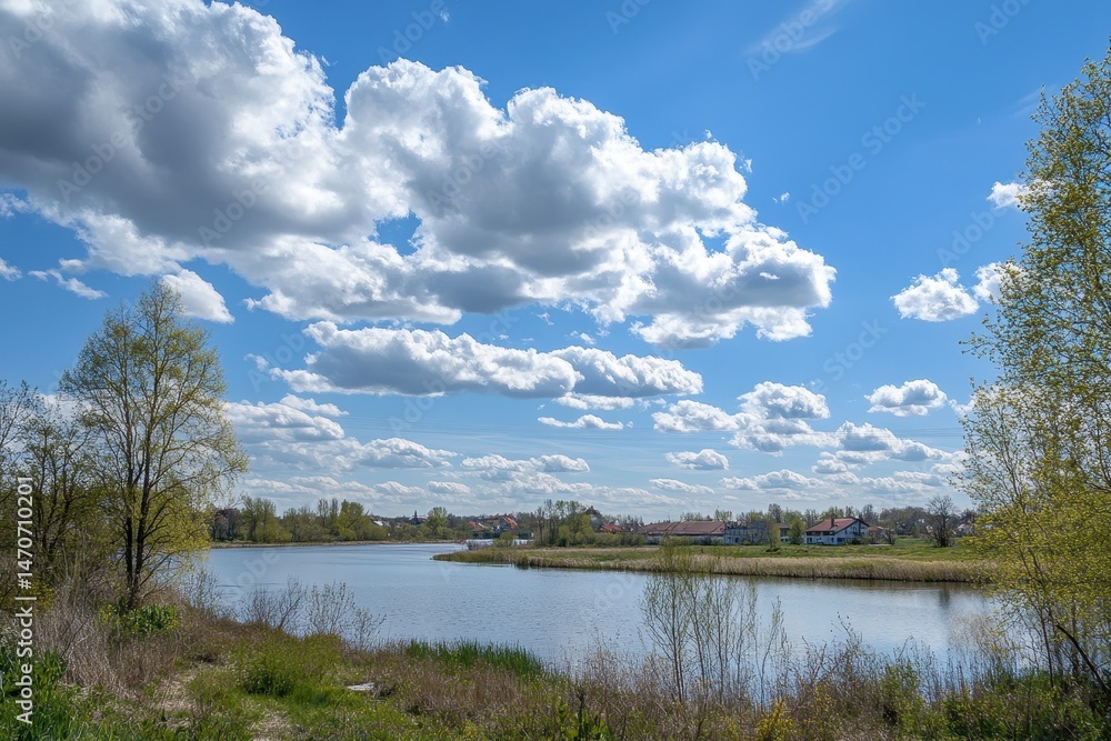 Obraz premium Vibrant Spring Daytime Sky: A Perfect Blend of Blue and White Clouds Over Poland's Natural Landscape