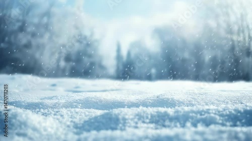 Wallpaper Mural A crisp, serene winter scene. Snow falls softly on a snow-covered field, with blurred trees in the background. The light blue sky provides a tranquil backdrop, evoking peace and quiet. Torontodigital.ca