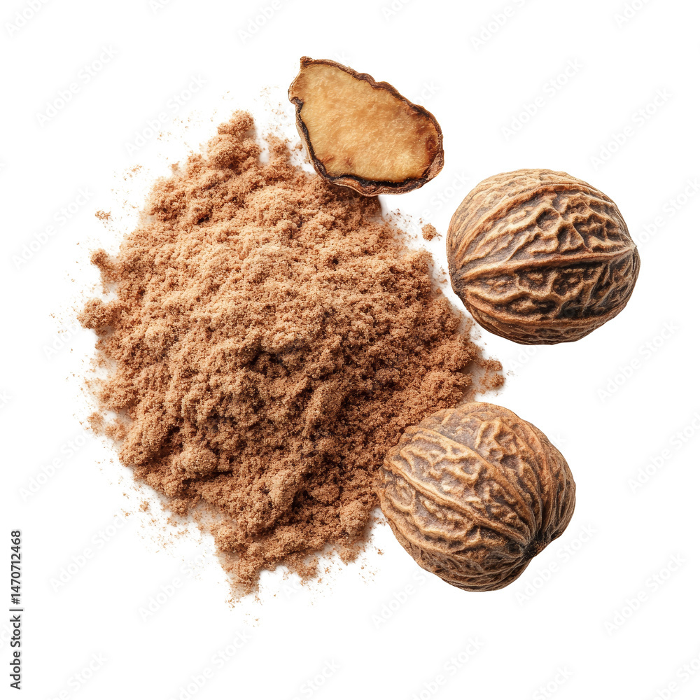 Nutmeg powder with whole nutmeg seeds isolated on a transparent background for culinary use, Nutmeg powder isolated on transparent background Nutmeg powder with whole nutmeg seeds isolated on a transparent background for culinary use, Nutmeg powder isolated on transparent background