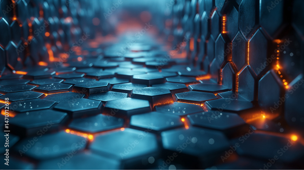 Fototapeta premium Futuristic hexagonal corridor with glowing orange circuitry. Suggests advanced digital infrastructure and immersive sci-fi environments.