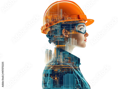 Profile of construction worker overlaid with cityscape night lights against black transparent background