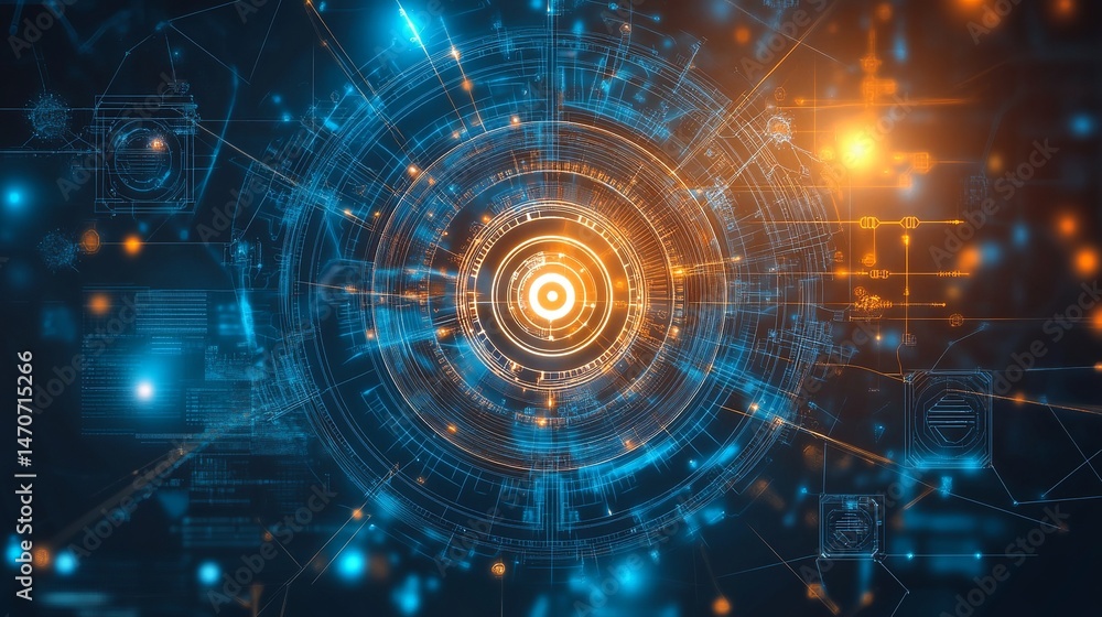 Abstract digital technology background orange blue futuristic network web data cyber lines system Abstract digital technology background orange blue futuristic network web data cyber lines system