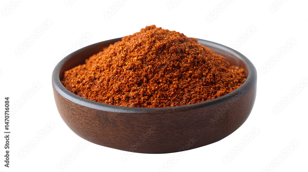 Red Chili Powder in Wooden Bowl Spicy Ground Seasoning Red Chili Powder in Wooden Bowl Spicy Ground Seasoning