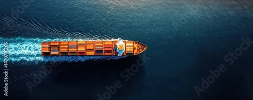 A large orange cargo ship sailing through calm deep blue ocean water creating a white foamy wake behind it