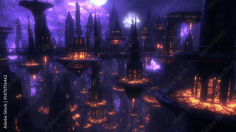 Obraz premium Sprawling alien city floating platforms neon lights and towering skyscrapers cinematic sci fi metropolis