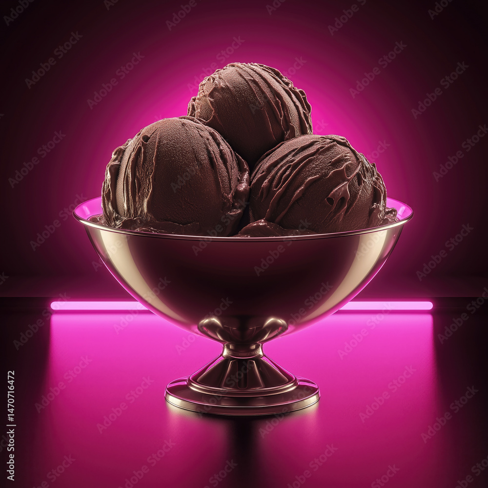 Chocolate ice cream scoops in bowl under pink light