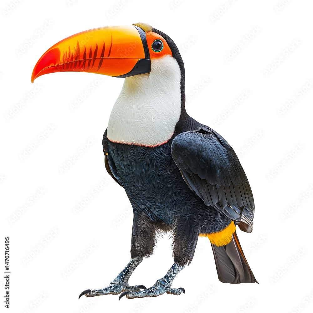 Obraz premium Colorful toucan with vibrant beak perched against a transparent background showcasing its natural beauty and striking features, toucan isolated on transparent background
