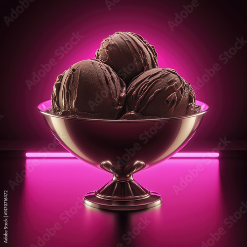 Chocolate ice cream scoops in bowl under pink light