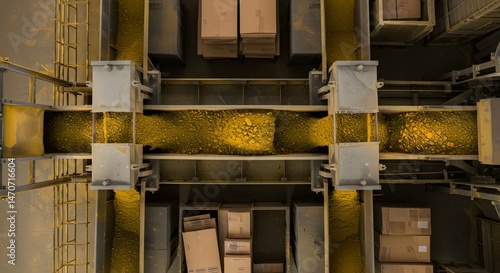 High angle view of industrial conveyor system transporting yellow material