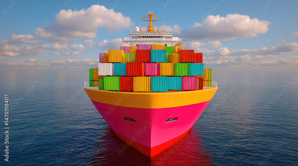 Colorful cargo ship on calm water