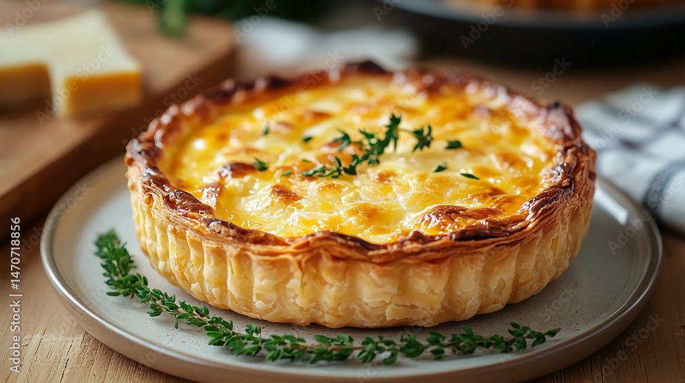 A close up of a golden brown quiche on a plate with cheese and thyme garnish on a wooden surface A close up of a golden brown quiche on a plate with cheese and thyme garnish on a wooden surface