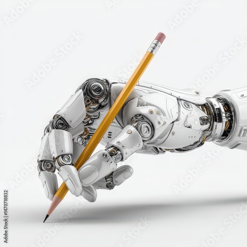 Futuristic robotic hand holding a pencil.