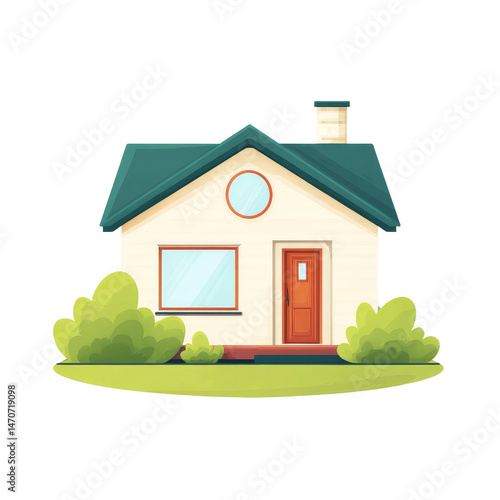 Cute and inviting illustration of a cozy house, with vibrant colors. A lovely home with a green roof, red door, and surrounding greenery