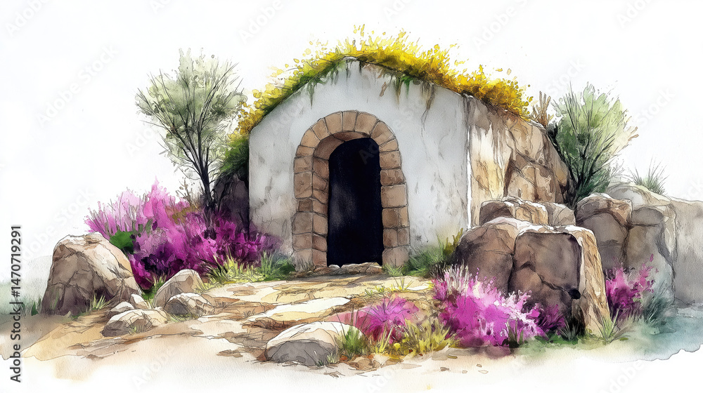 Quaint rustic small house in a floral landscape