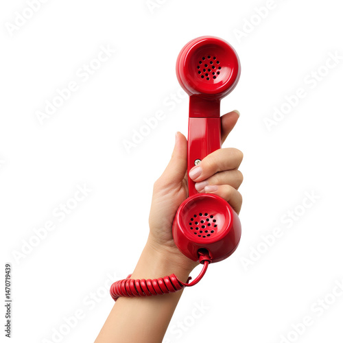 A hand holding a red vintage telephone receiver. The hand and receiver are positioned against a background. 