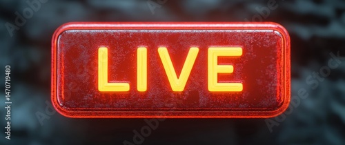 glowing neon sign with the word live illuminated in warm yellow on a red rectangular background with a dark blurred backdrop