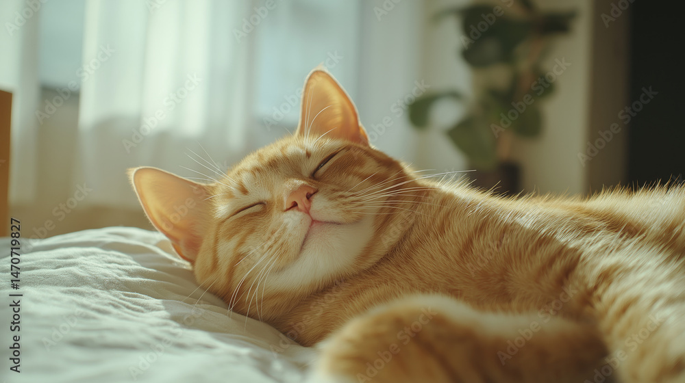 Relaxed ginger cat on light bed