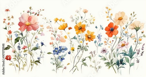 Delicate watercolor painting of wildflowers in various colors including pink, orange, yellow, blue, and white with green leaves on a light background