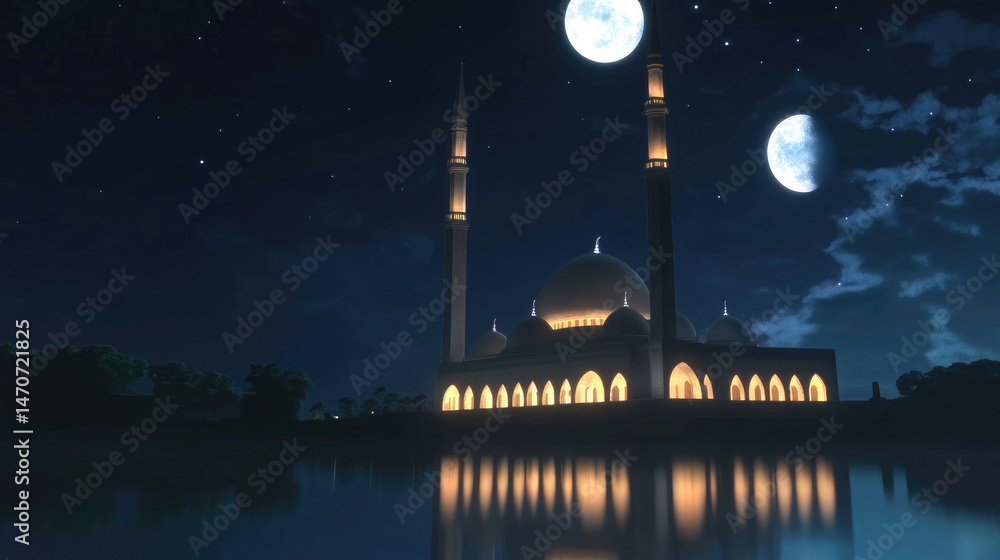 Mosque at nighttime with illuminated features