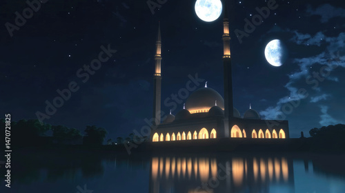 Mosque at nighttime with illuminated features