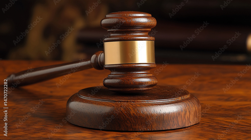A wooden gavel with a gold band resting on a wooden surface in a dimly lit environment setting scene A wooden gavel with a gold band resting on a wooden surface in a dimly lit environment setting scene