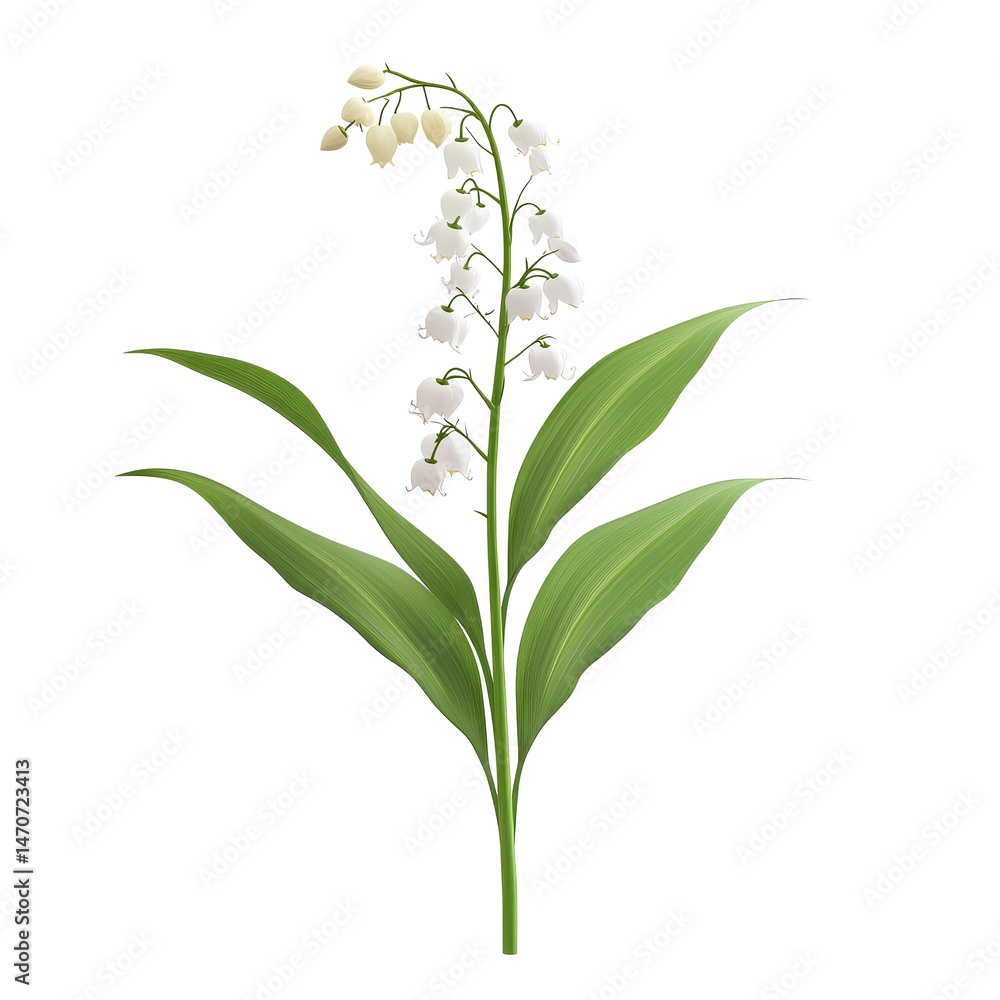 Fototapeta premium Beautiful lily of the valley flower with delicate transparent blossoms and vibrant green leaves against a transparent background, lily of the valleys flower isolated on transparent background