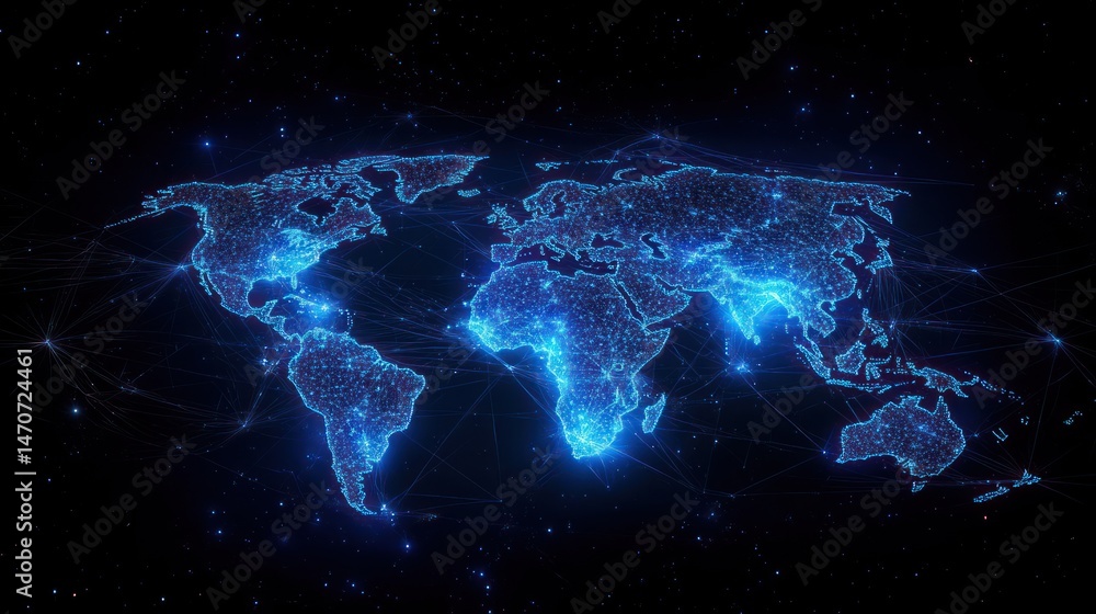 Glowing digital world map with interconnected bright points representing global network and technology connections on dark background Glowing digital world map with interconnected bright points representing global network and technology connections on dark background