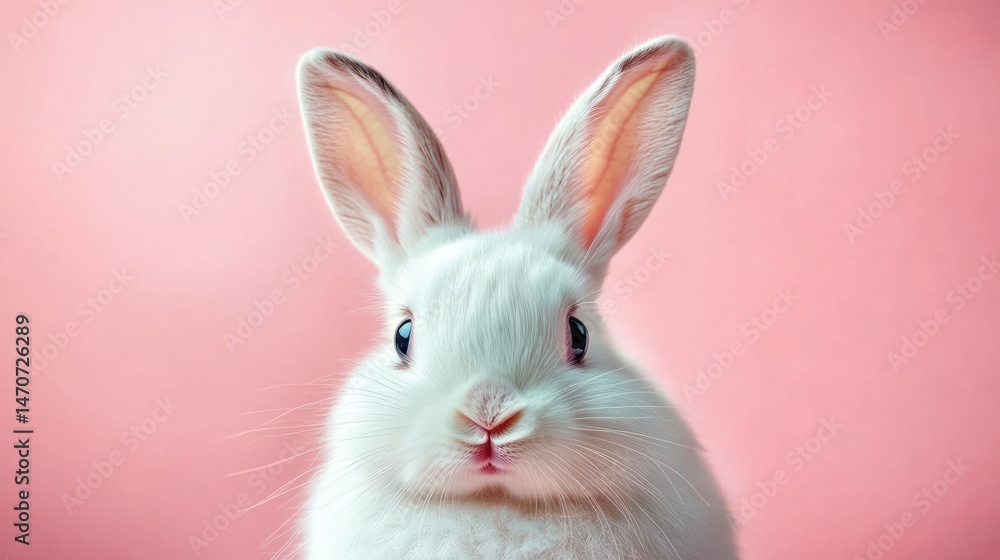 Close-up portrait of a cute white rabbit with large ears and shiny eyes against a soft pink background, evoking a gentle and calm mood Close-up portrait of a cute white rabbit with large ears and shiny eyes against a soft pink background, evoking a gentle and calm mood
