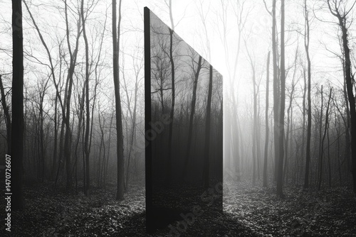 A dark, reflective monolith stands mysteriously in a foggy, leaf-strewn forest.