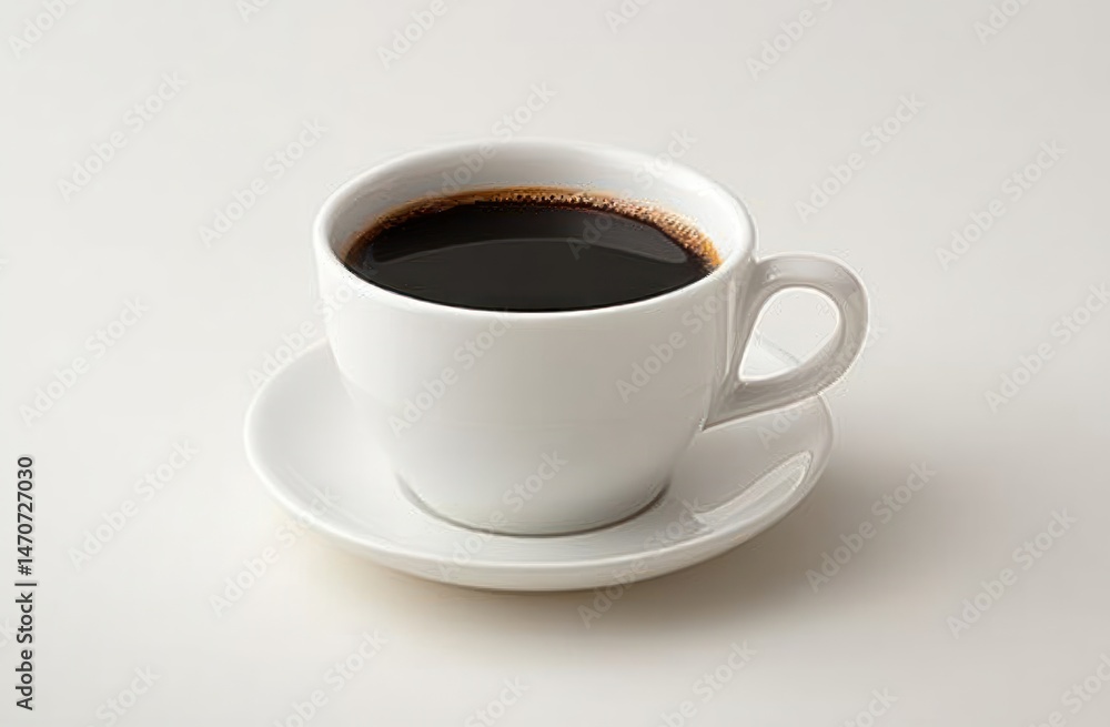 A white ceramic cup filled with black coffee placed on a matching white saucer on a light background evoking simplicity and calmness A white ceramic cup filled with black coffee placed on a matching white saucer on a light background evoking simplicity and calmness