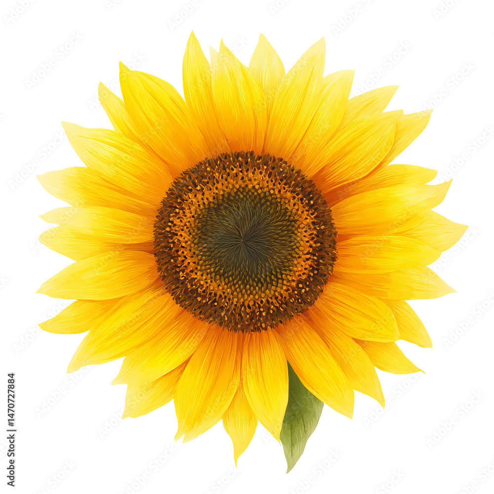 Fototapeta premium A vibrant, fully bloomed sunflower with bright yellow petals and a dark brown center, exuding warmth and beauty. It has a single green leaf