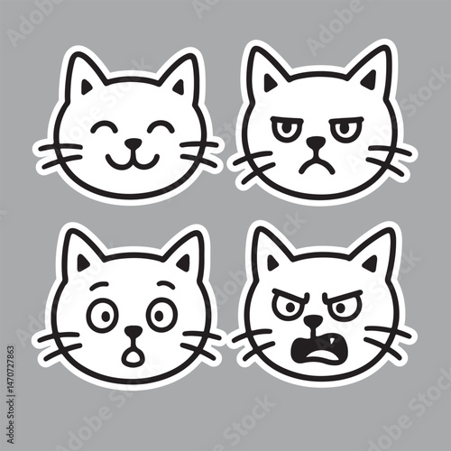 A fun set of four black and white cartoon cat face illustrations showing different emotions