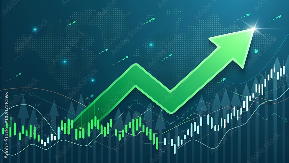Fototapeta premium A detailed stock market data display with upward trending arrows indicating positive growth, set on a dark digital background, concept of financial success. 3D Rendering