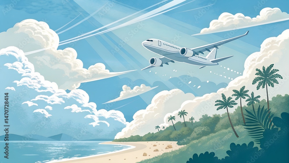 Naklejka premium Plane is flying in colorful sky at sunset. Landscape with passenger airplane over mountains ranges and hills in fog, orange sky. Aircraft is landing. Business. Aerial view. Transport. Private Jet.