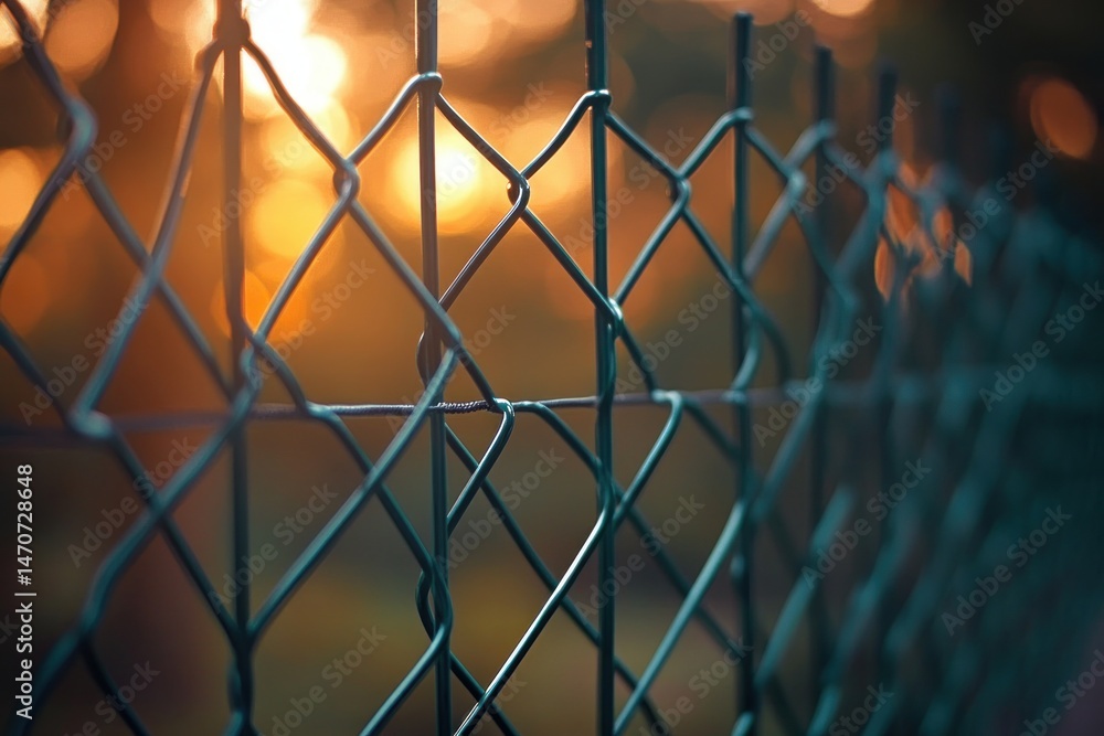 Fototapeta premium Close-up of a metal wire fence with a blurred warm sunset background creating a peaceful and contemplative atmosphere