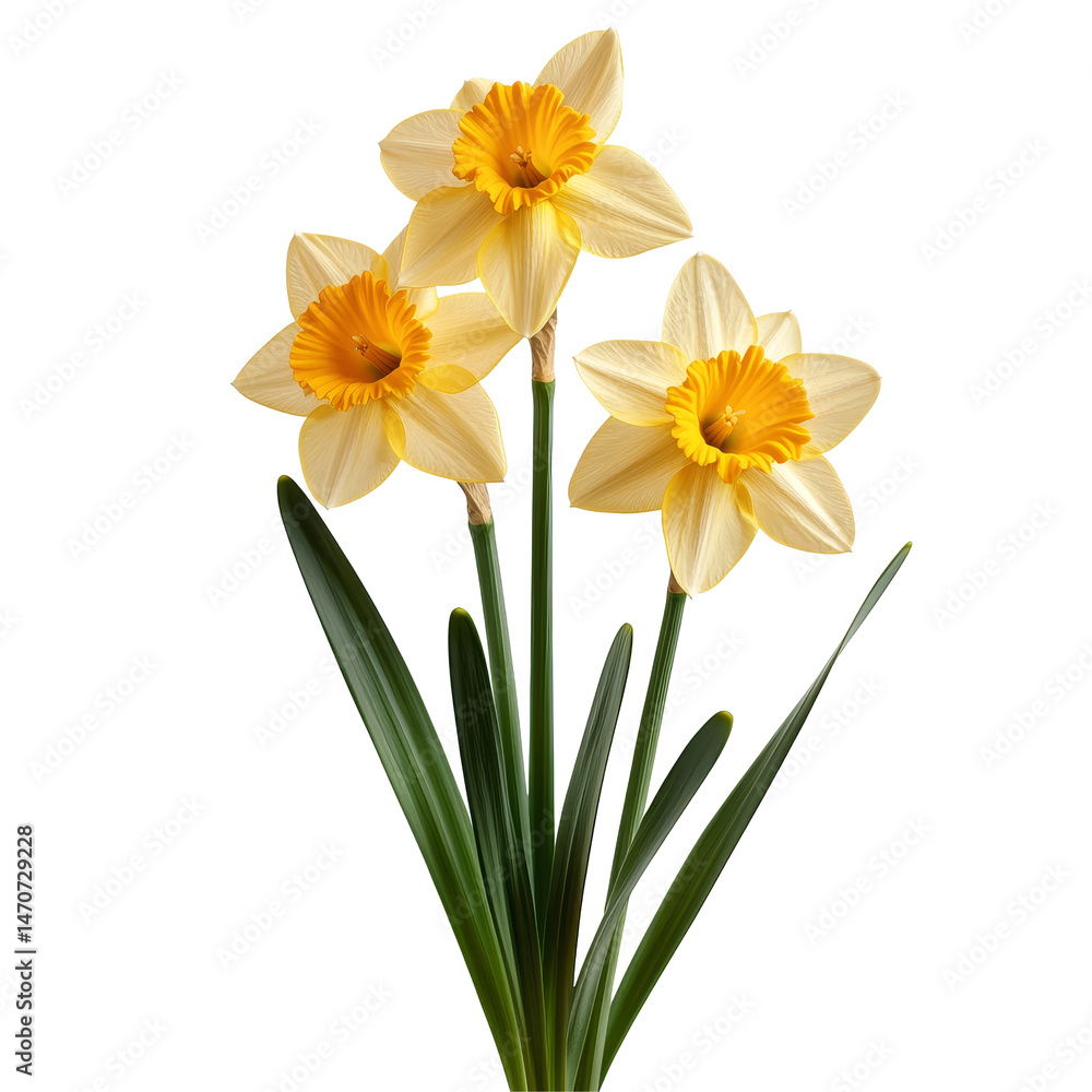Beautiful daffodil flowers in full bloom against a transparent background showcasing vibrant yellow and soft cream petals, daffodil flowers isolated on transparent background Beautiful daffodil flowers in full bloom against a transparent background showcasing vibrant yellow and soft cream petals, daffodil flowers isolated on transparent background