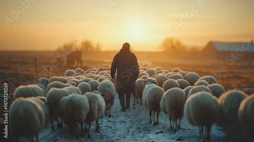 A shepherd guides a flock of sheep during sunset, with warm golden hues illuminating the scene.